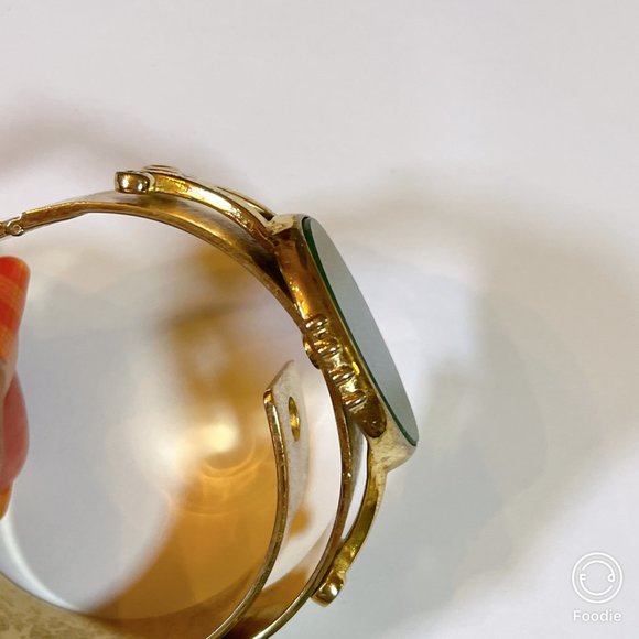 Estate Brass Cuff Hinged Bangle with Big Bold Green Goldstone — Excellent Used - Picture 5 of 13